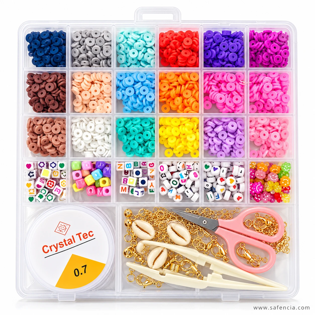 Clay beads kit showing the Crystal Tec 0.7 elastic cord spool beside scissors, tweezers, shells and gold clasps