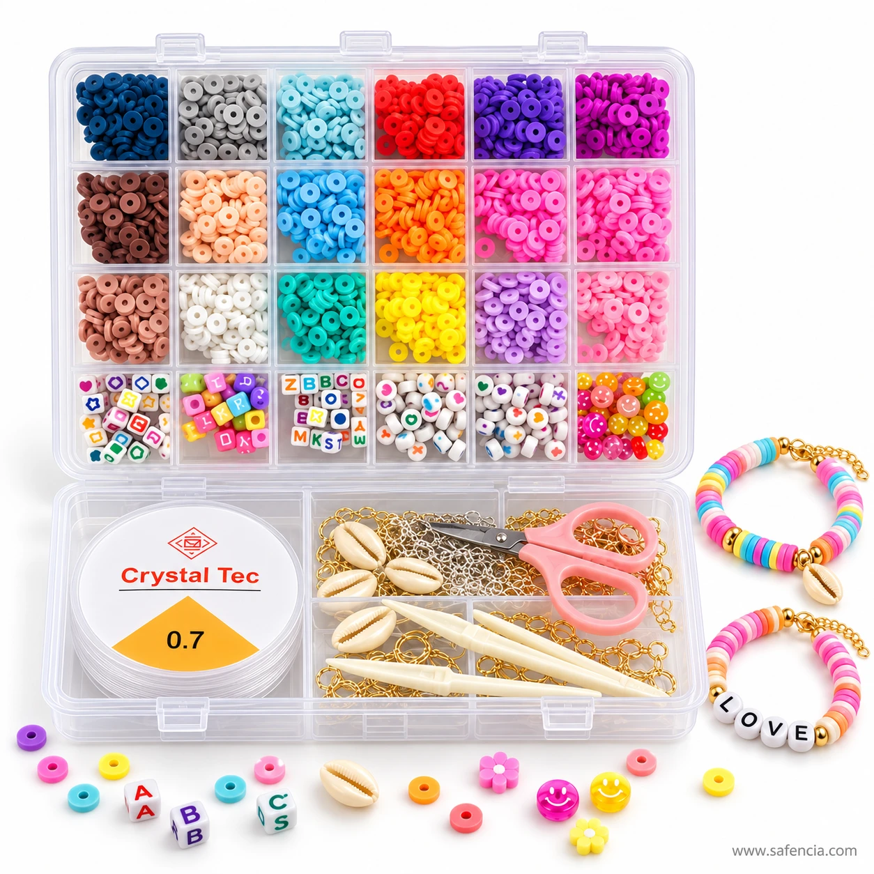 Open clay beads kit with two finished stretch bracelets, one spelling LOVE, and loose letter beads on the table