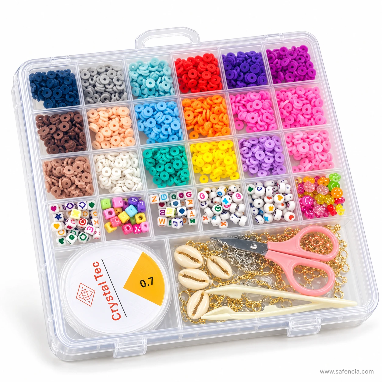 Angled view of the clay beads kit organiser box showing its carry handle, clip latches and filled compartments