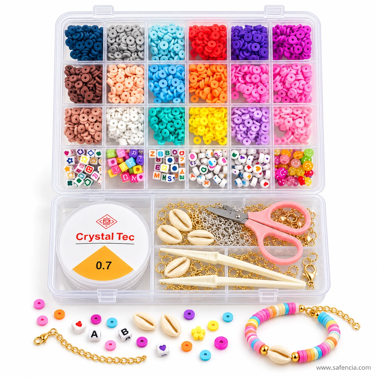Clay beads kit with a finished rainbow bracelet using a gold chain clasp and cowrie shell charm in front