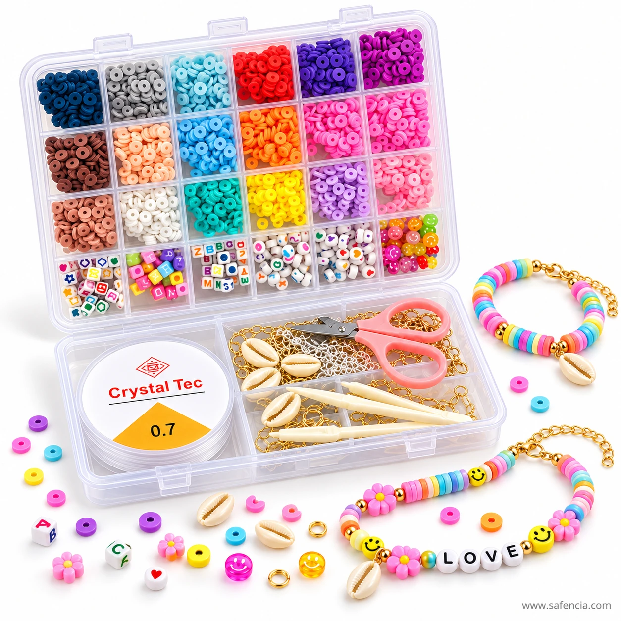 Clay beads bracelet kit with finished smiley face and LOVE letter bracelets and loose beads in front of the box