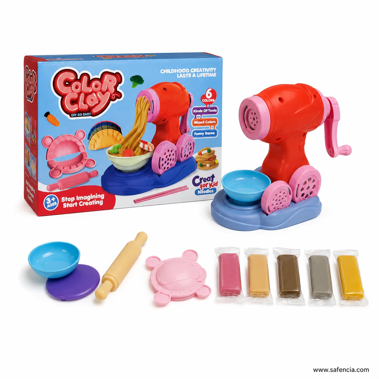 Color Clay noodle maker machine standing beside the printed box with clay bars, rolling pin and dumpling mould