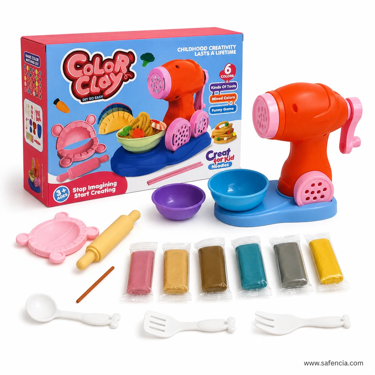 Color Clay noodle maker machine on its blue base stand with six wrapped clay colour bars and cutlery