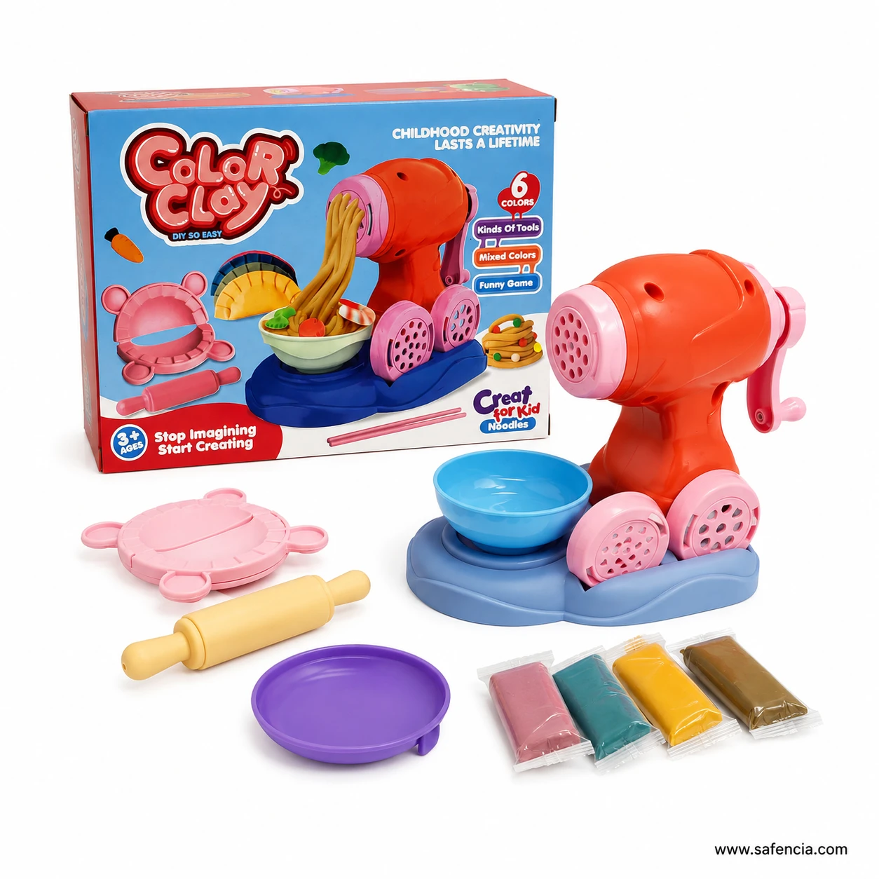 Side view of the Color Clay noodle maker showing the crank handle and the two perforated extruder discs