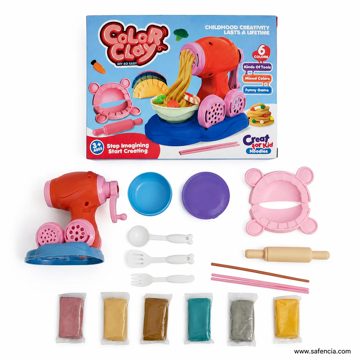 Full box contents of the Color Clay noodle maker set with machine, dumpling mould, rolling pin, cutlery and six clay bars
