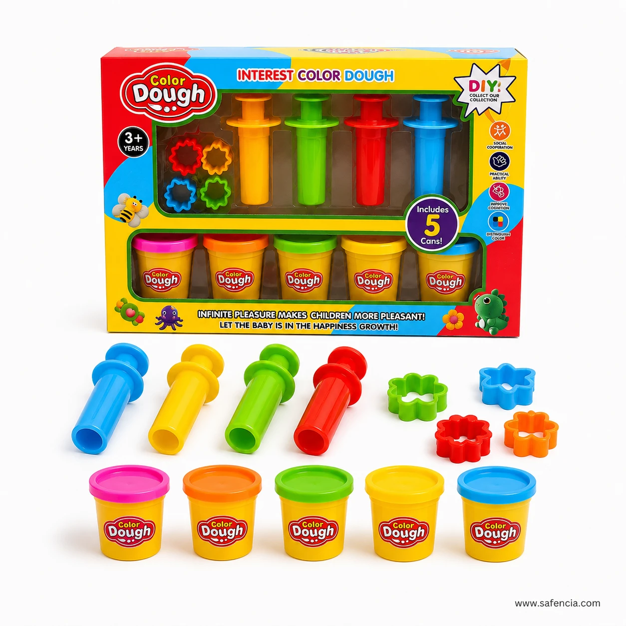 Flat lay of Color Dough play set with yellow dough cans in a row and coloured extruders behind them