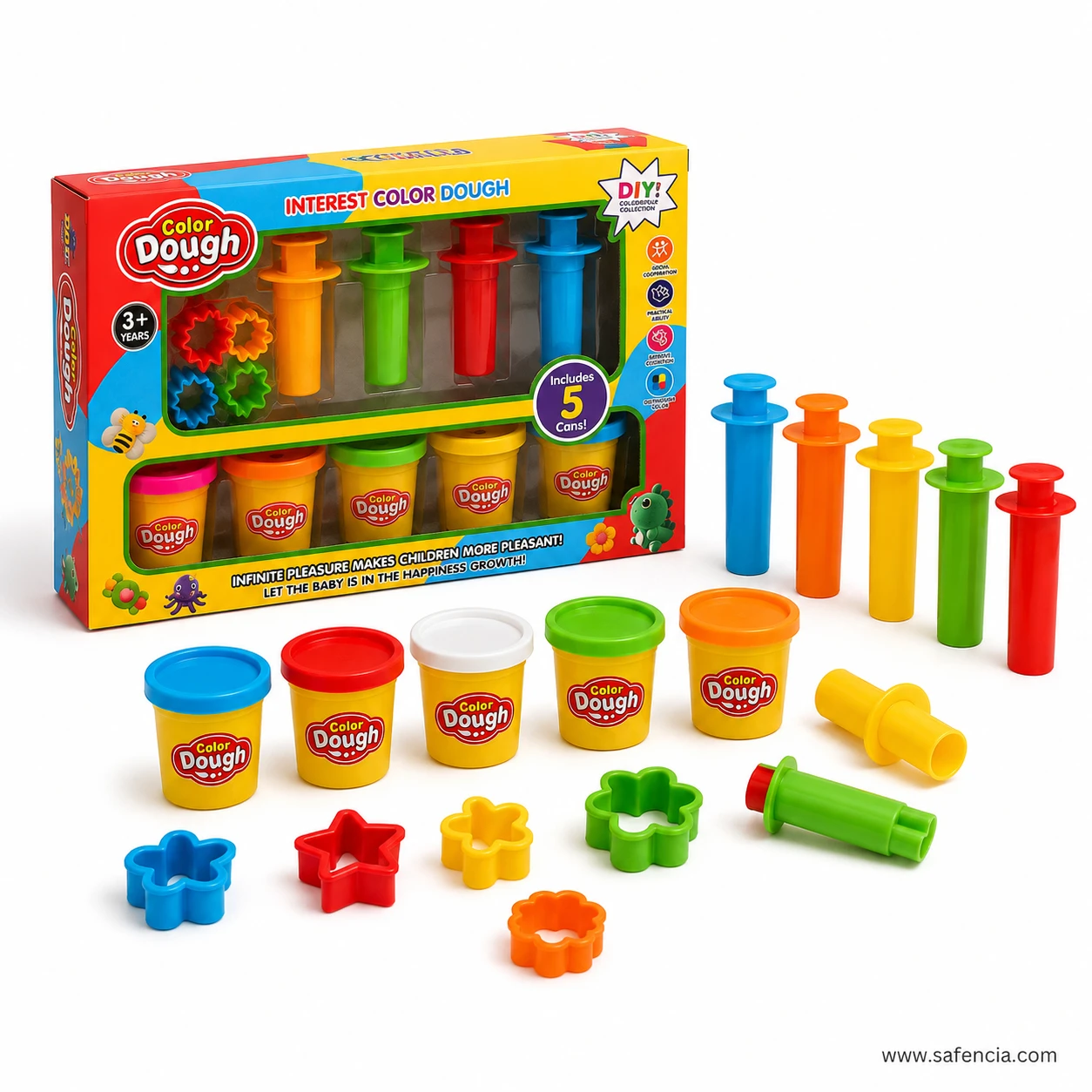 Color Dough play set extruder plungers standing beside flower and star shape cutters and dough cans