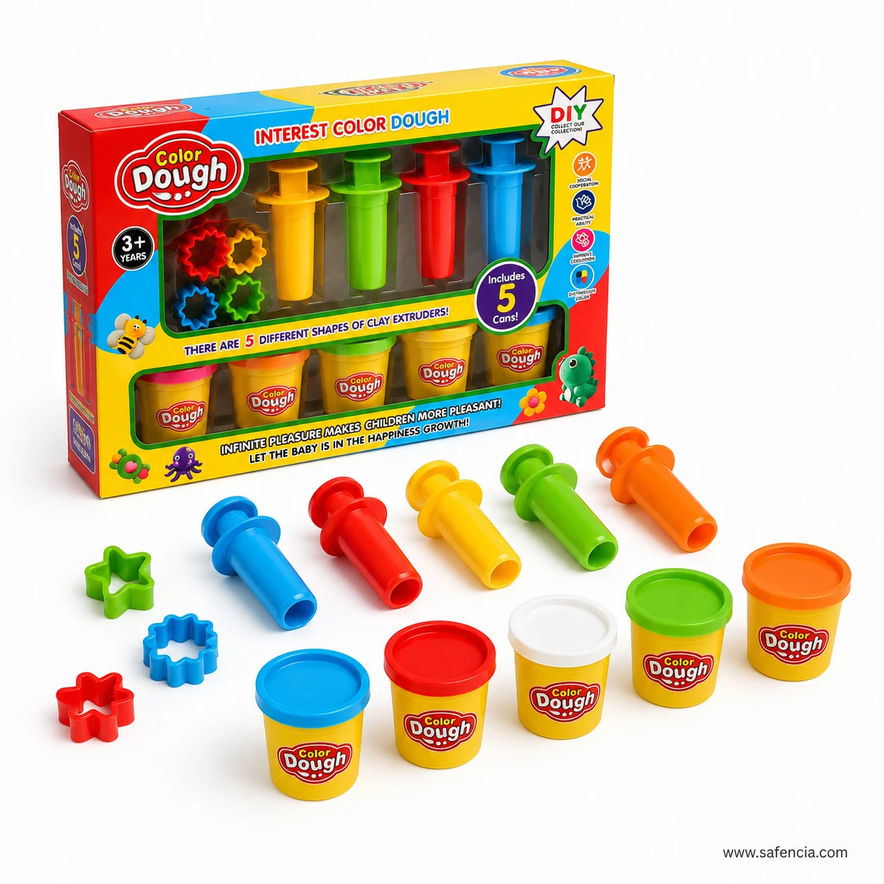Close view of the five Color Dough extruder plungers and dough cans with assorted coloured lids