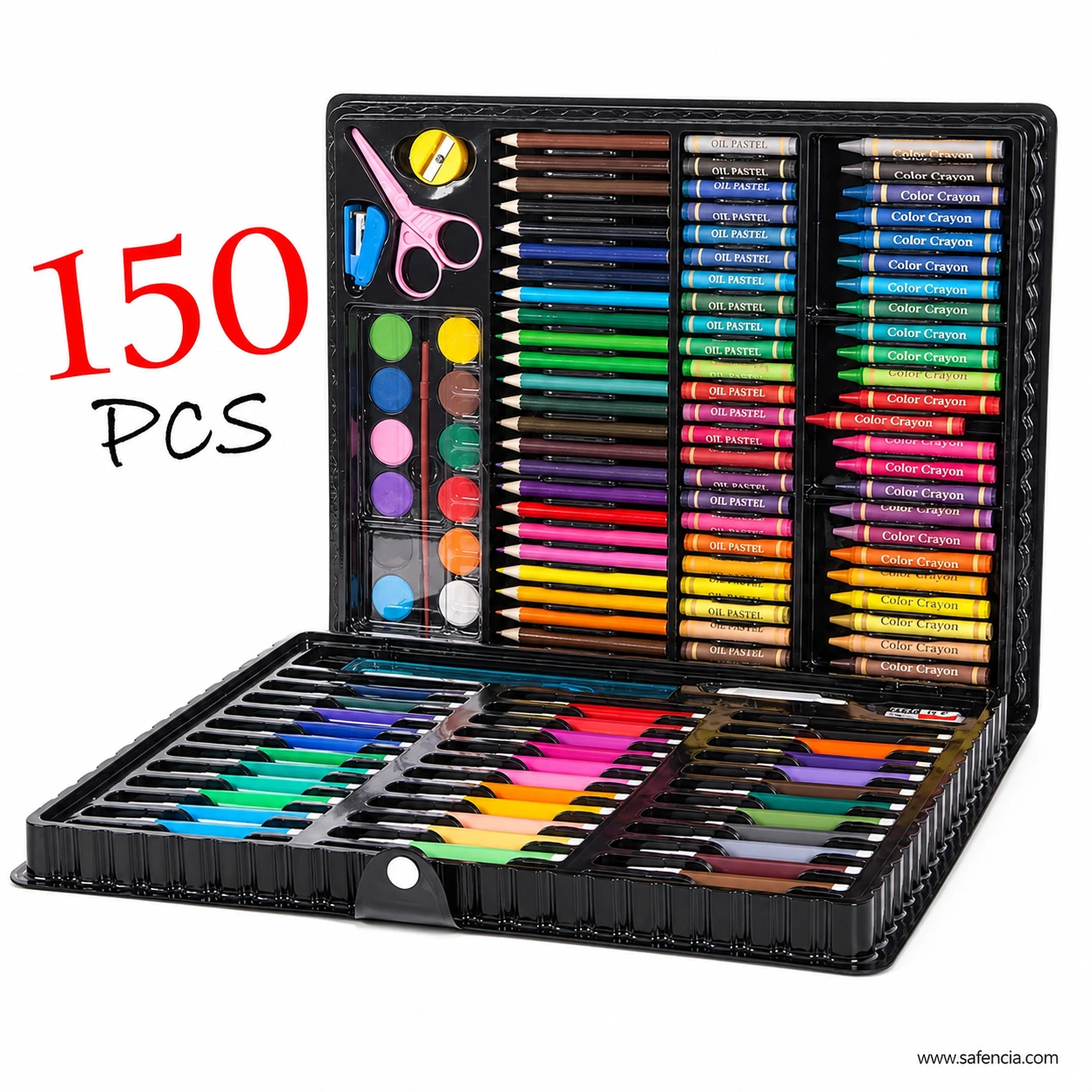 150 pieces deluxe kids art and coloring kit in black folding case with carry handle
