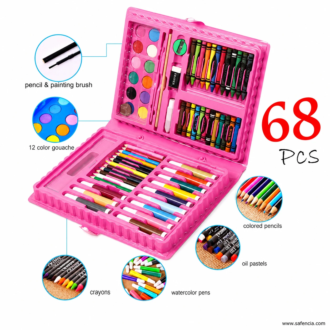 68 pieces kids coloring kit in pink portable case showing dual fold out trays