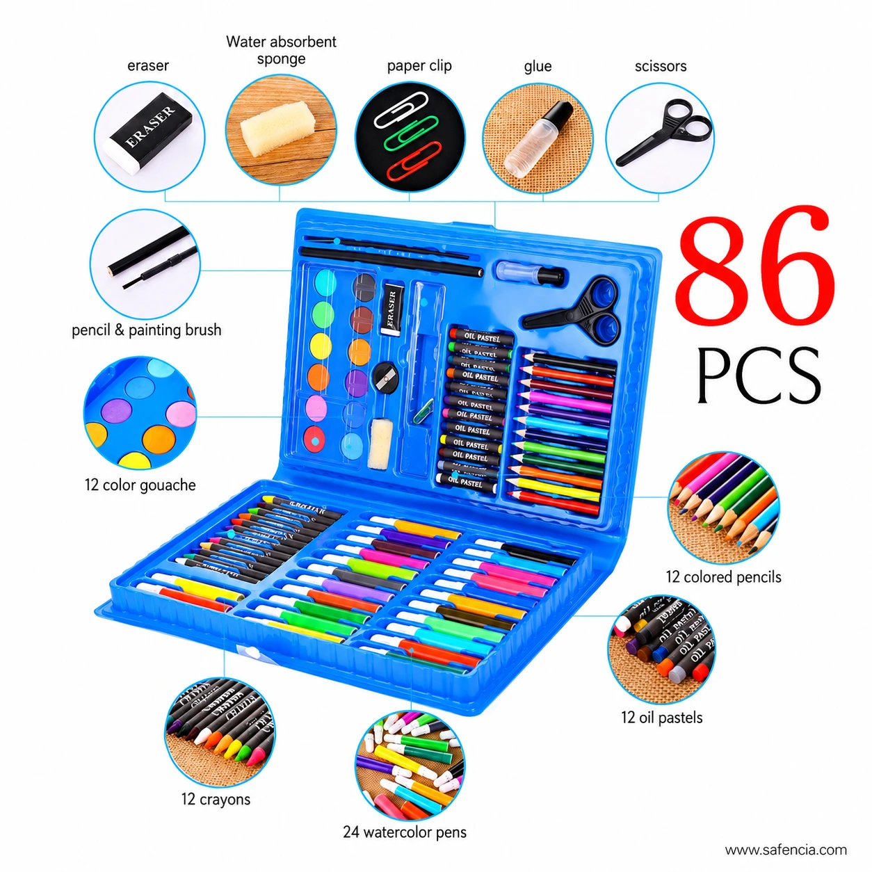 86 pieces kids art kit in blue carry case complete with safety scissors and sponge