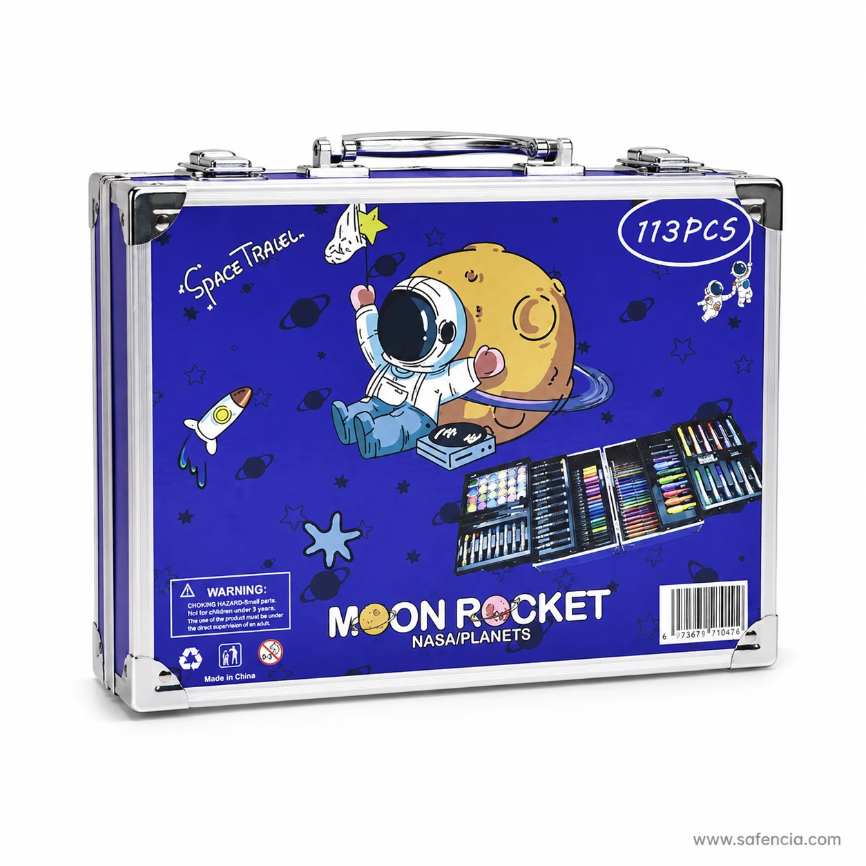 Angled perspective of Moon Rocket 113 pieces art suitcase showing reinforced corners