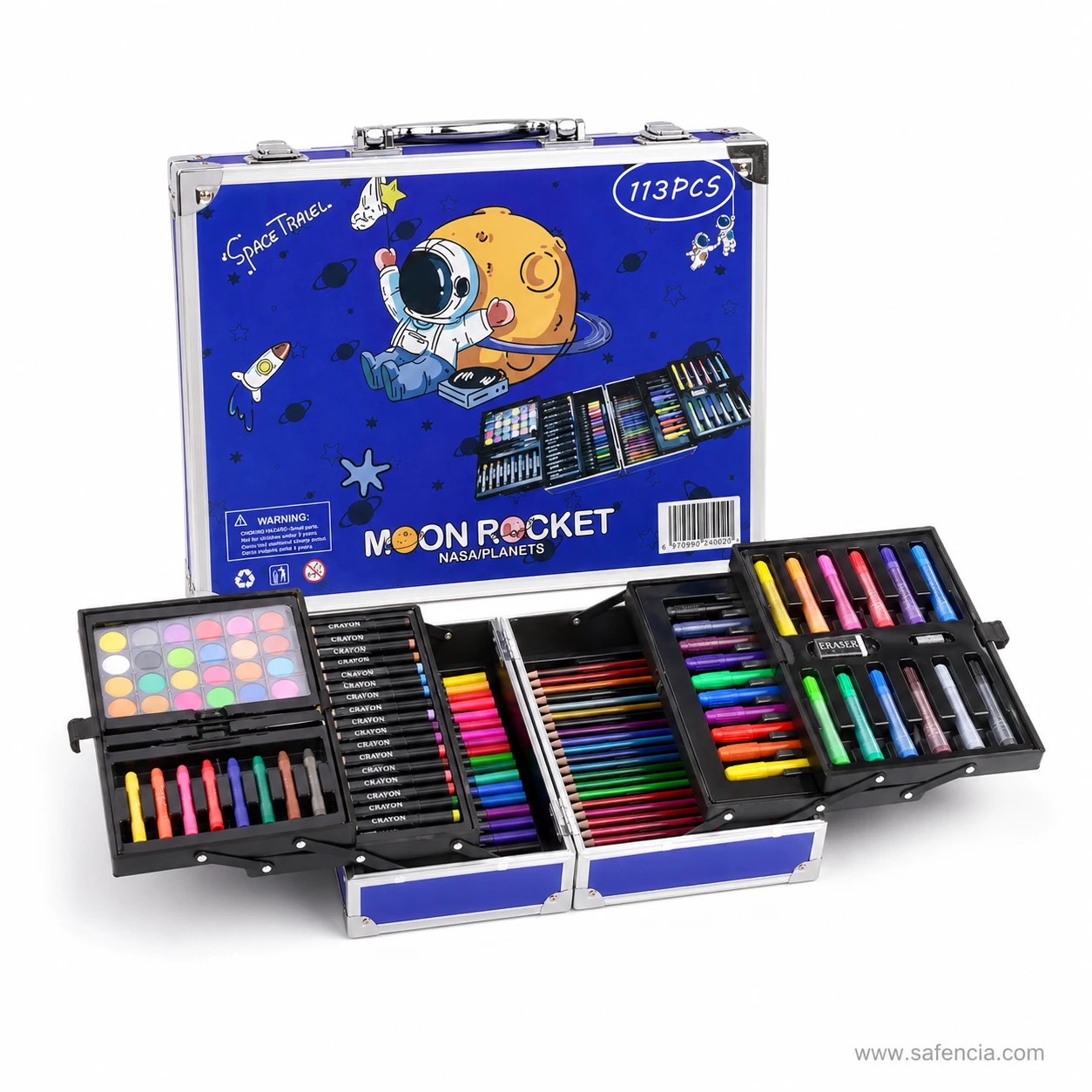 Open view of Moon Rocket 113 pieces art kit with tiered cantilever storage trays