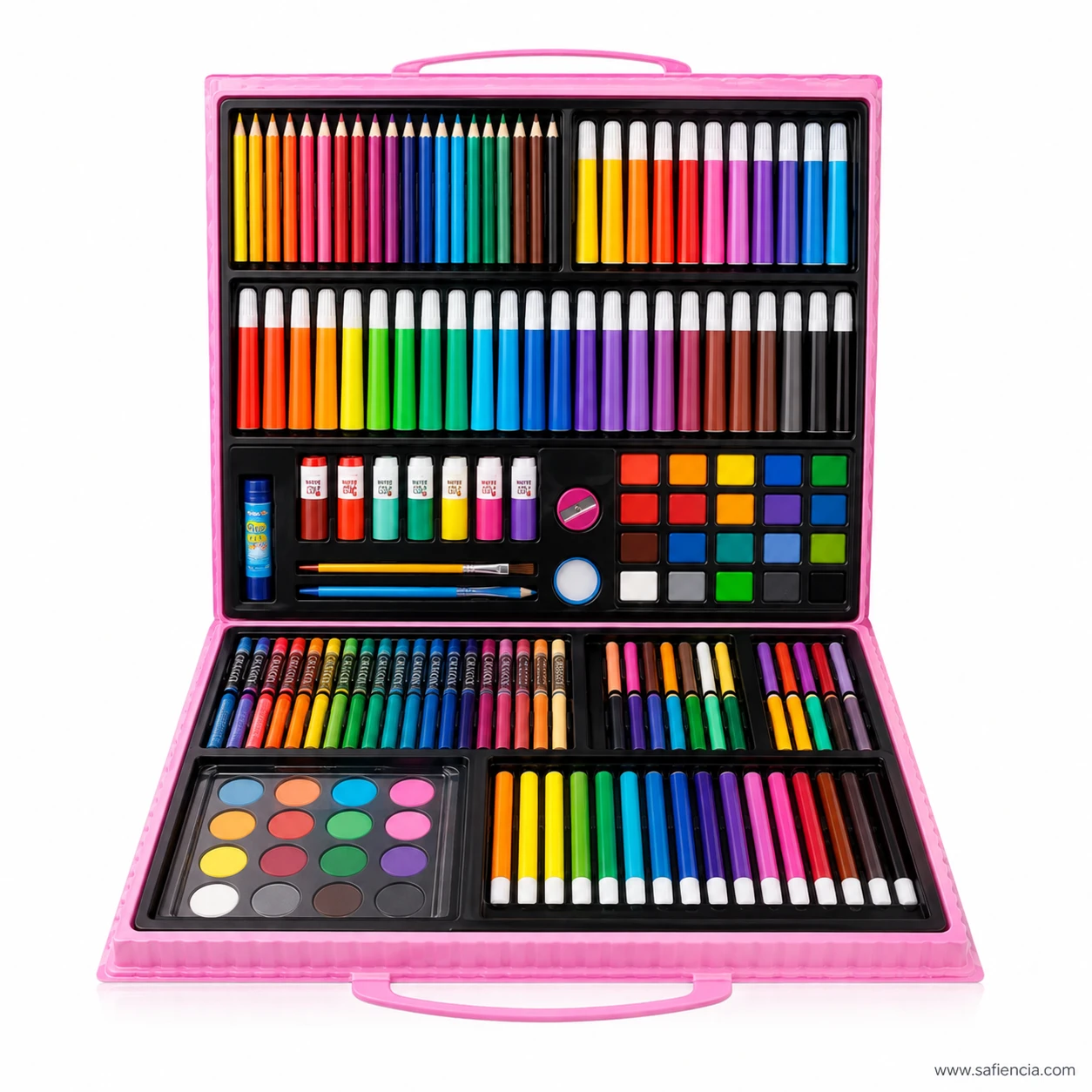 Open trifold view of 208 pieces art set showing double-sided drawing easel and compartments