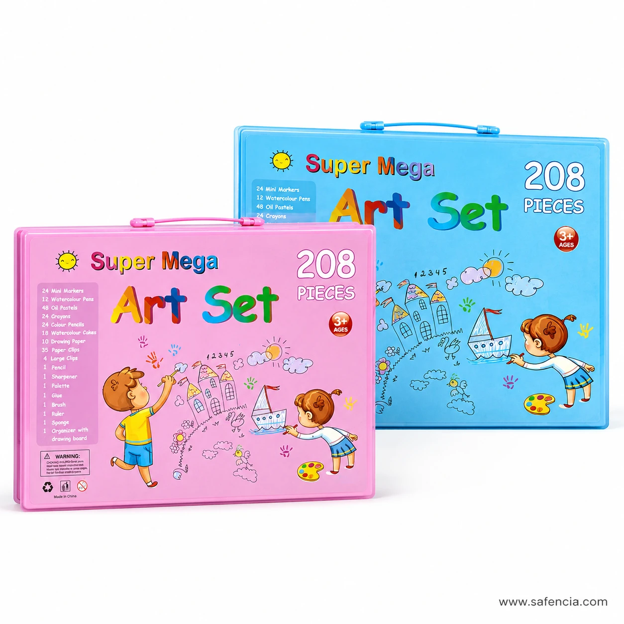 Super Mega 208 pieces art sets shown in pink and sky blue colors for girls and boys