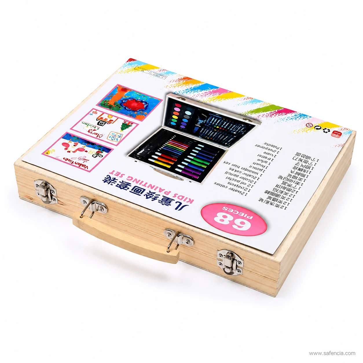 Closed natural wooden briefcase of 68 pieces kids painting kit with metal lock clasp