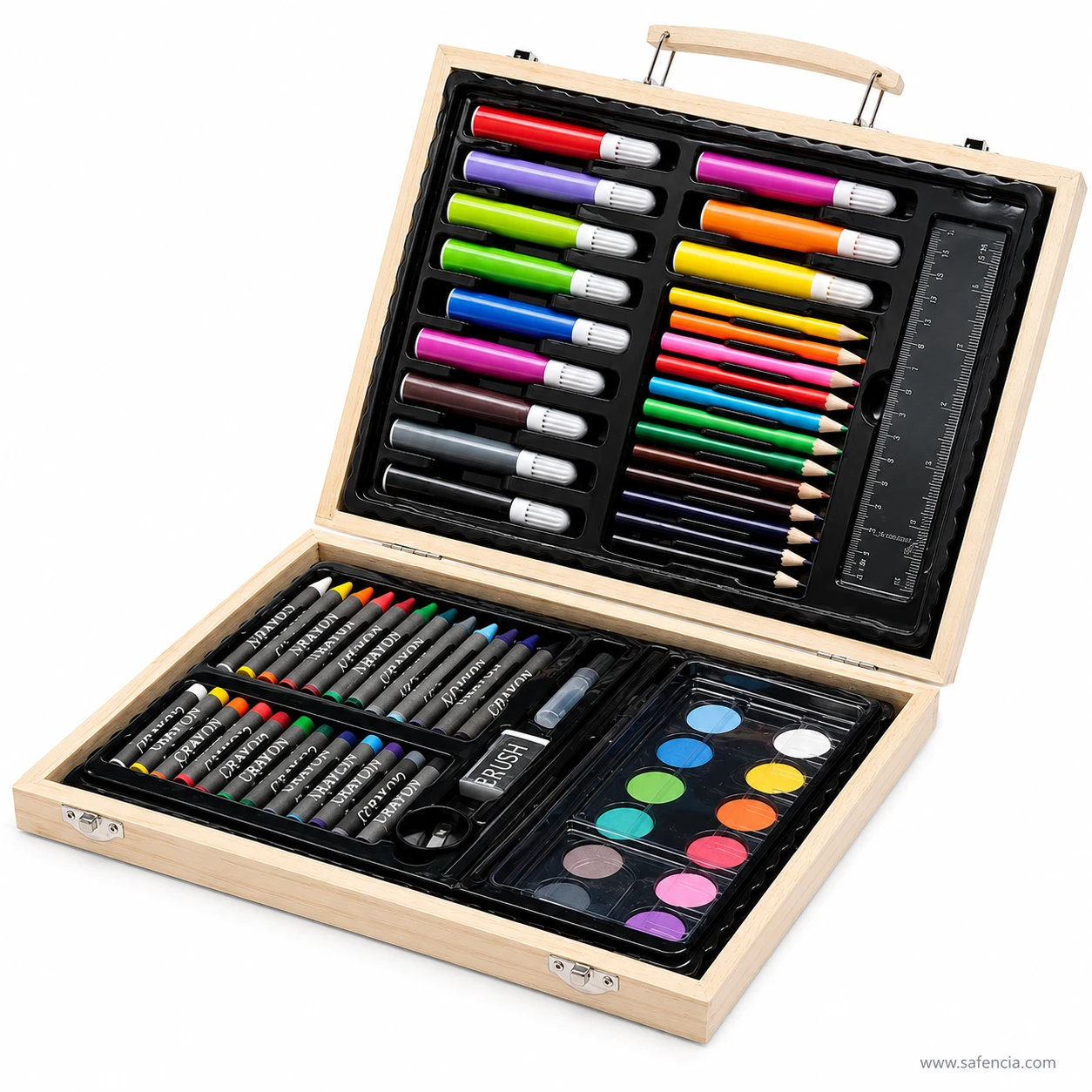 Top down view of 68 pieces wooden art kit displaying markers crayons pastels and paints