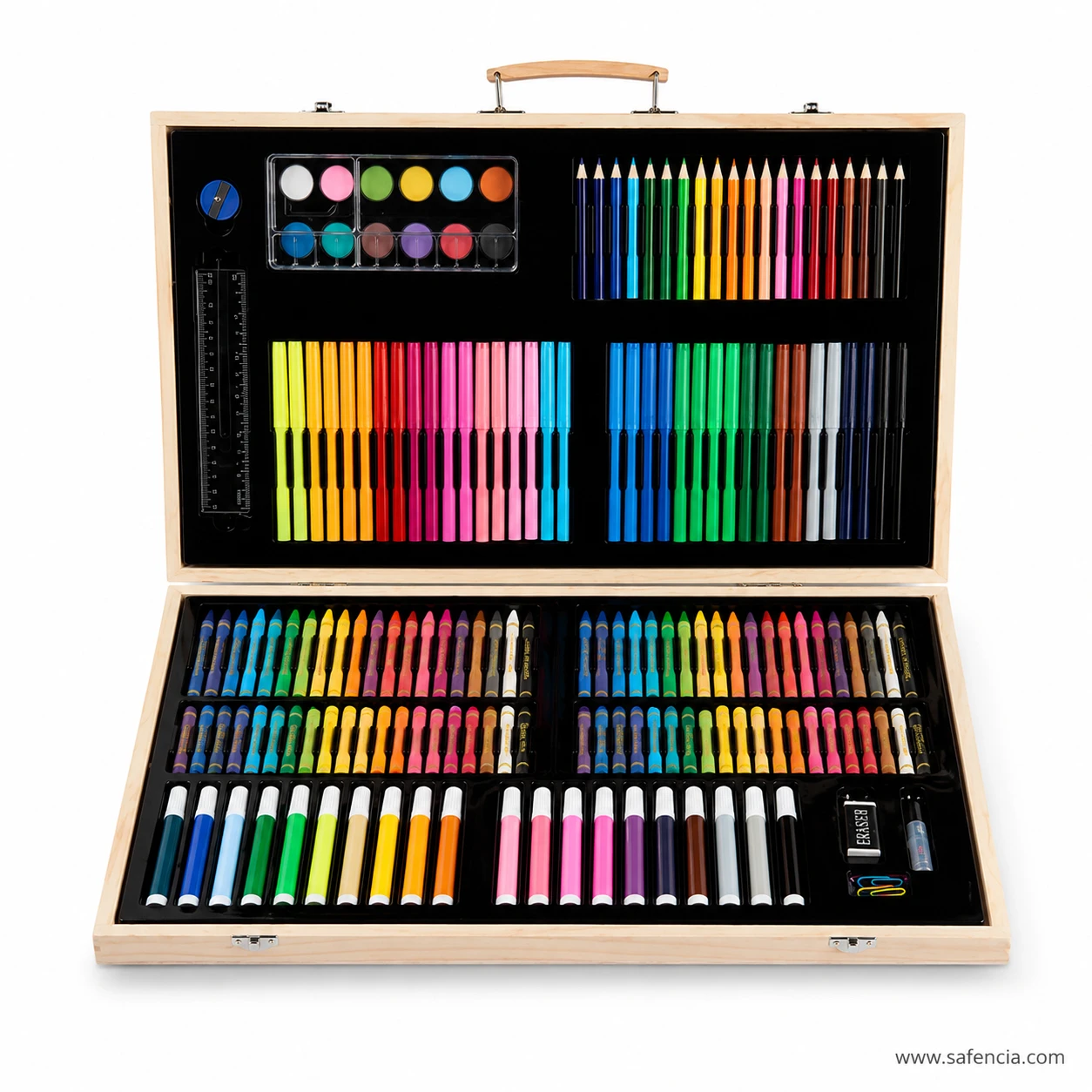 Full double tier open view of 220 pieces wooden art kit displaying extensive supplies