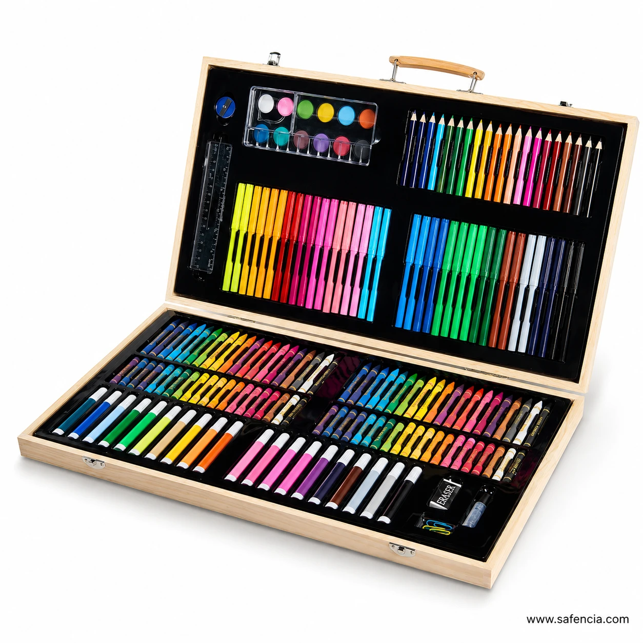 Angled view of 220 pieces wooden art set showing heavy duty brass hinges and latches