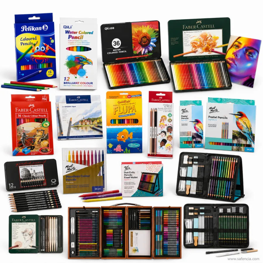 Safencia colour pencil range in Pakistan — Pelikan and Goldfish Flupa school colour pencils, QiLi 36 water coloured pencils, Faber-Castell Polychromos and Classic tins, Dollar My Pencil dual-side pencils, Mont Marte pastel pencils and large wooden art cases