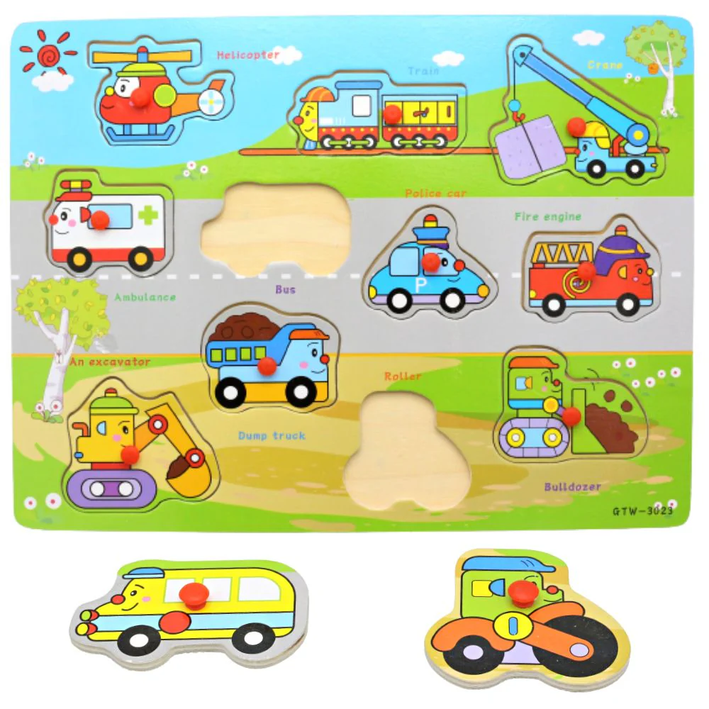 Colorful Wooden Peg Board (Vehicles) – Transport Knob Puzzle for Kids