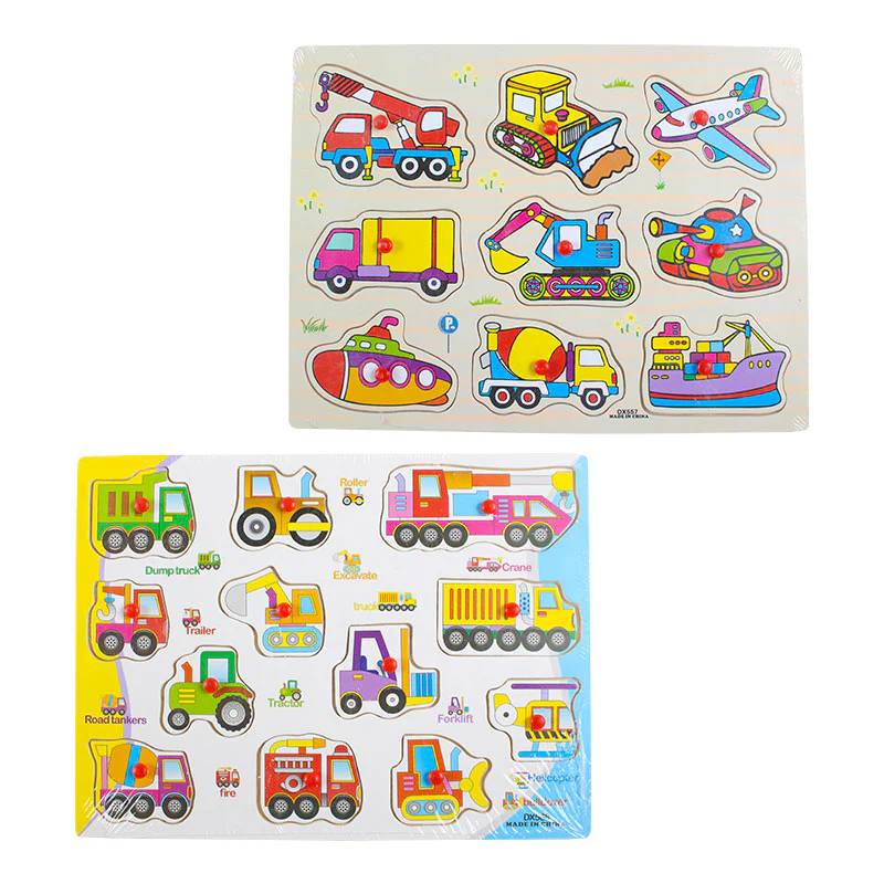 Wooden construction vehicle peg board design