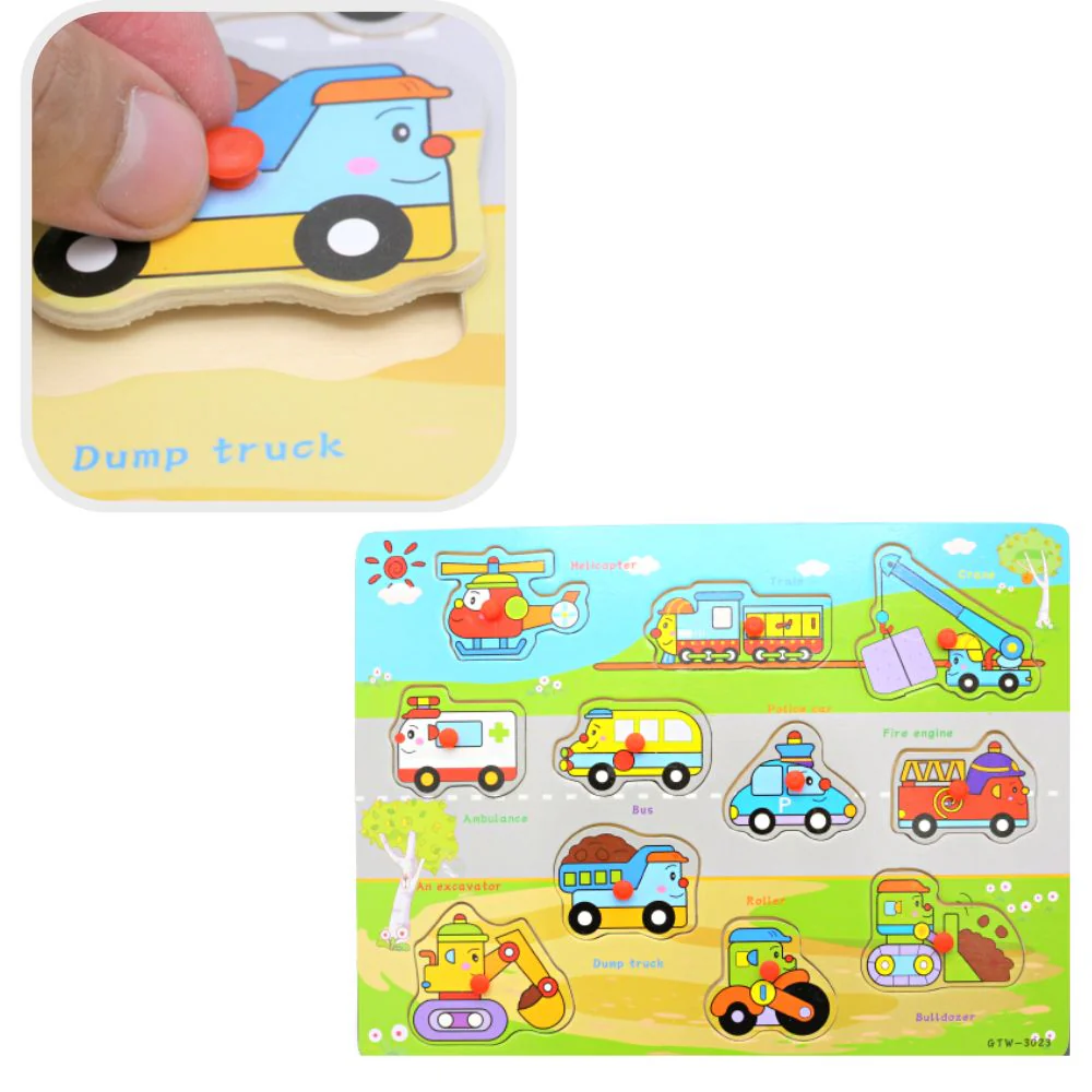Wooden peg board vehicle piece with easy-grip knob