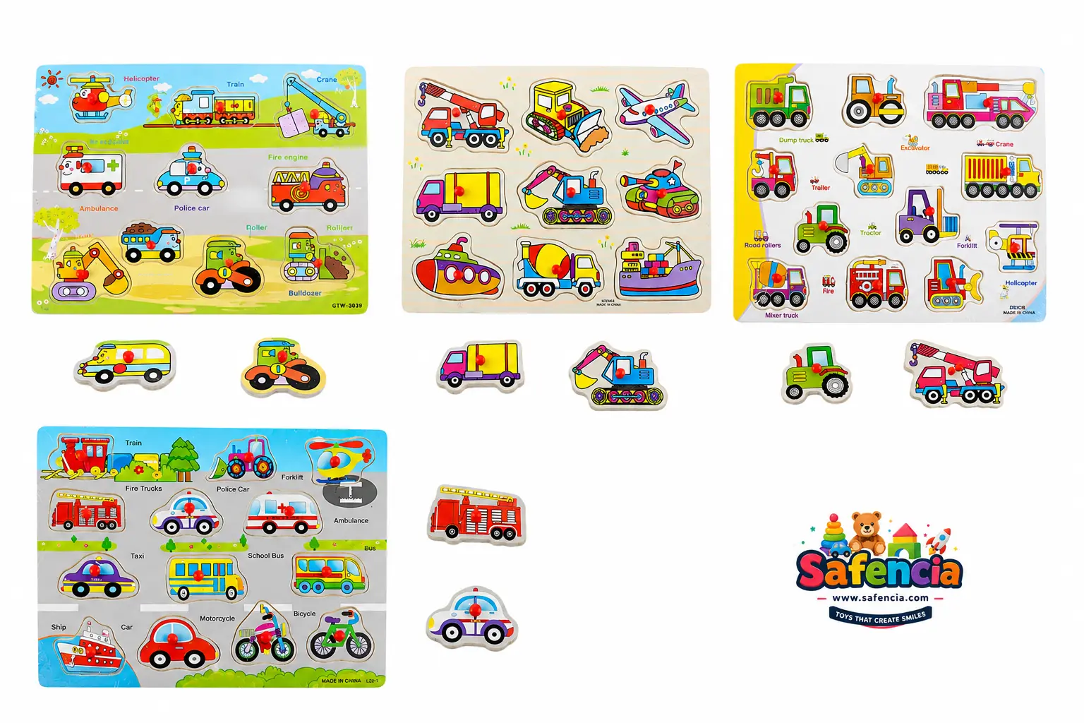 Assorted wooden vehicle peg board designs