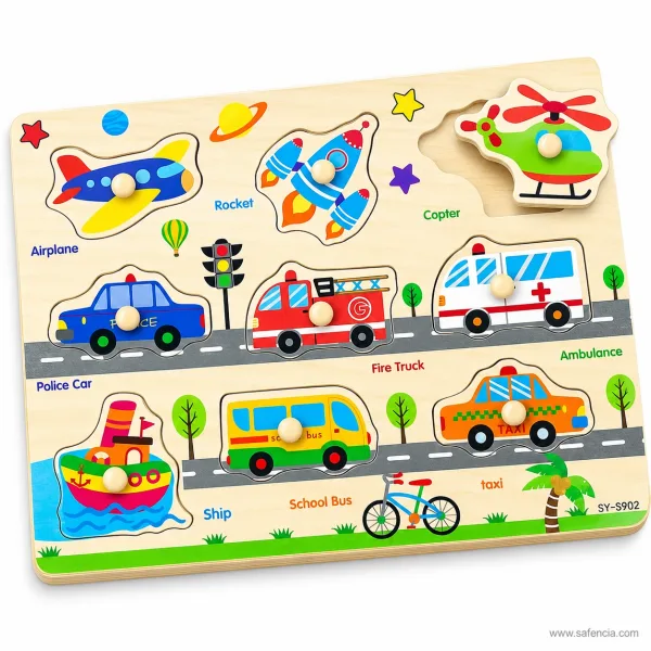 Vehicle peg board road design with the helicopter piece lifted out by its wooden knob
