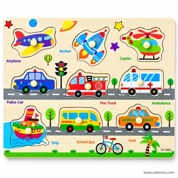 Road-scene vehicle peg board design with airplane, rocket, helicopter, police car, fire truck and school bus