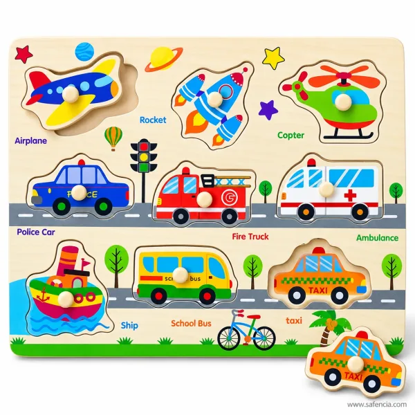 Vehicle peg board road design with the taxi piece lifted out in front of the board