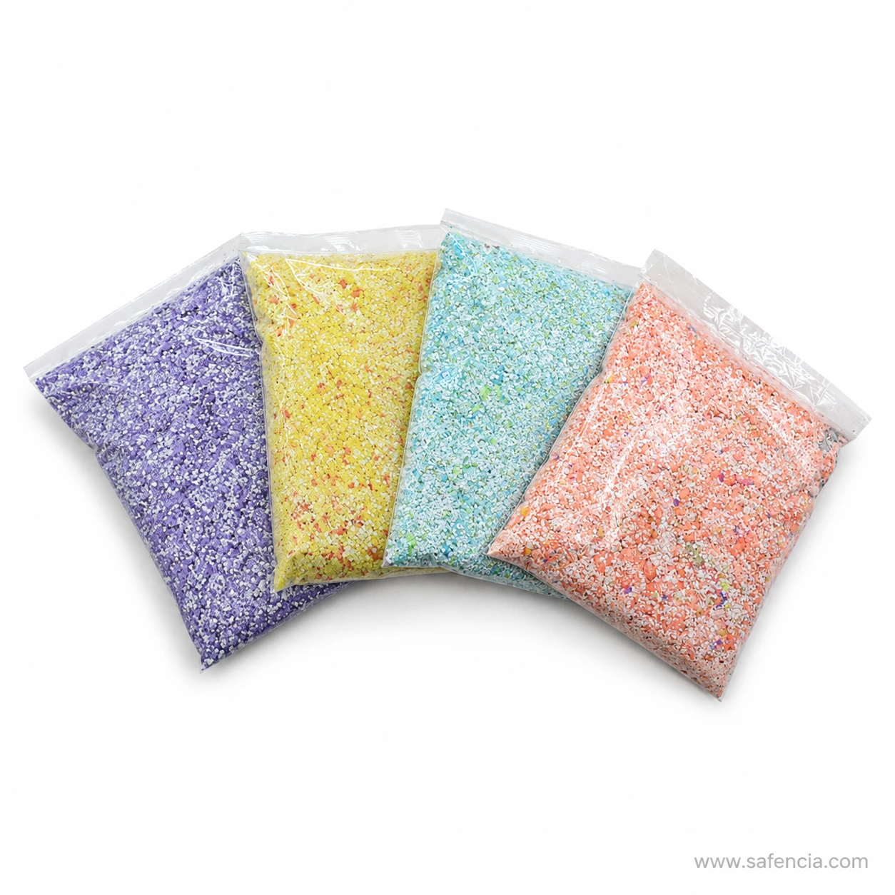 Sealed packets of dyed colour cotton craft fibre fanned out