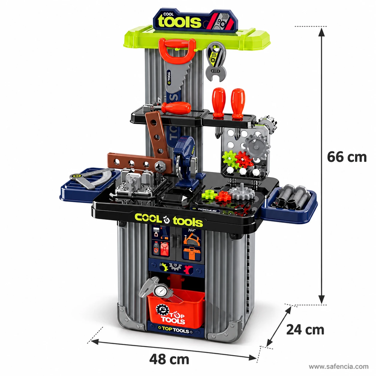 Cool Tools kids workbench measured at 66 cm tall, 48 cm wide and 24 cm deep with its side trays folded out