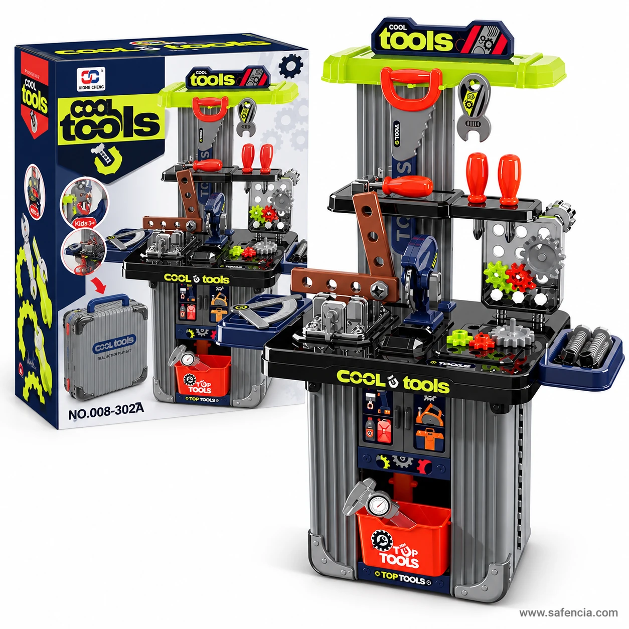 Cool Tools box number 008-302A marked Kids 3+ showing the workbench packing into a grey suitcase, the set-up bench beside it