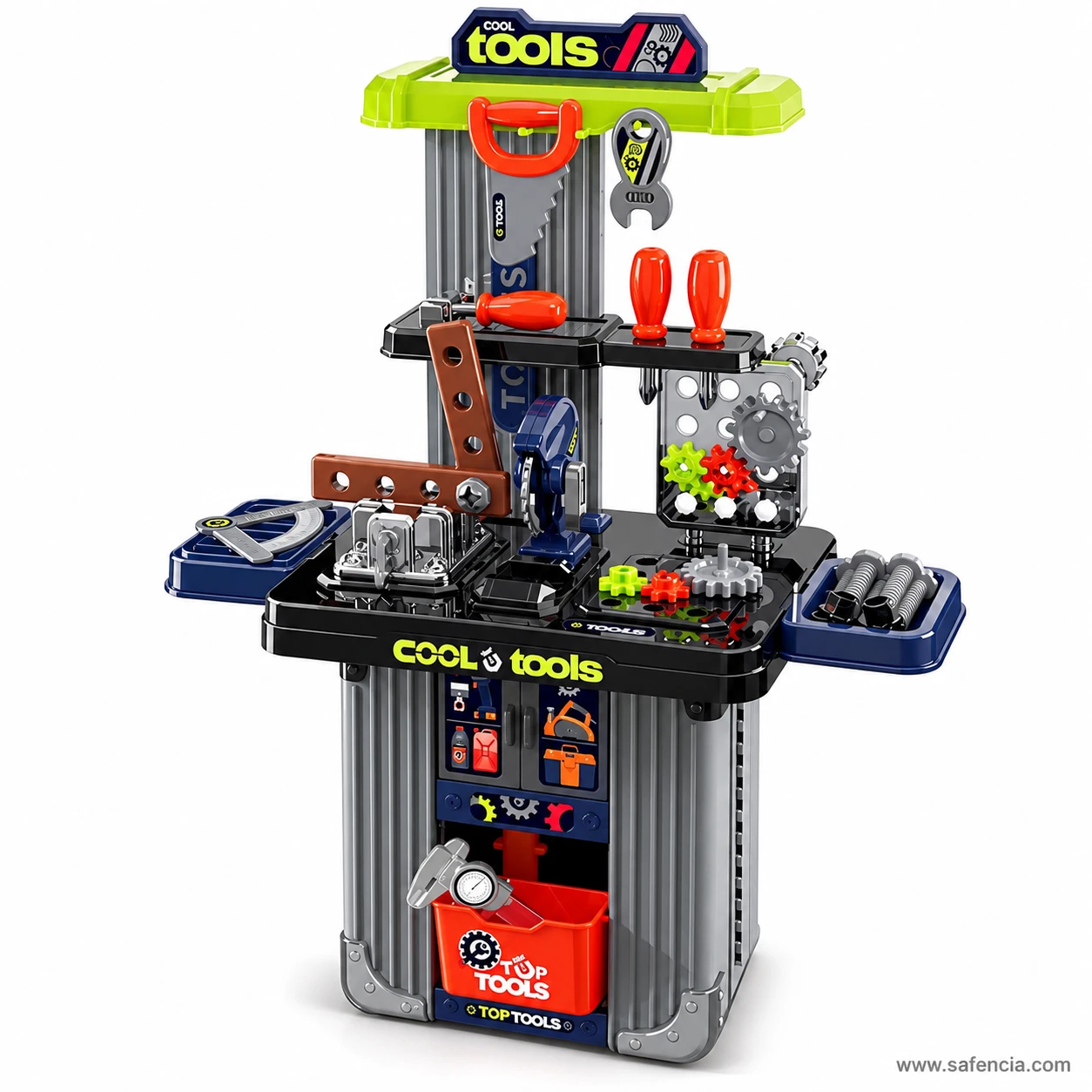 Front of the Cool Tools kids workbench with a green top shelf, hanging saw and wrench, vice, gear panel and red Top Tools bin