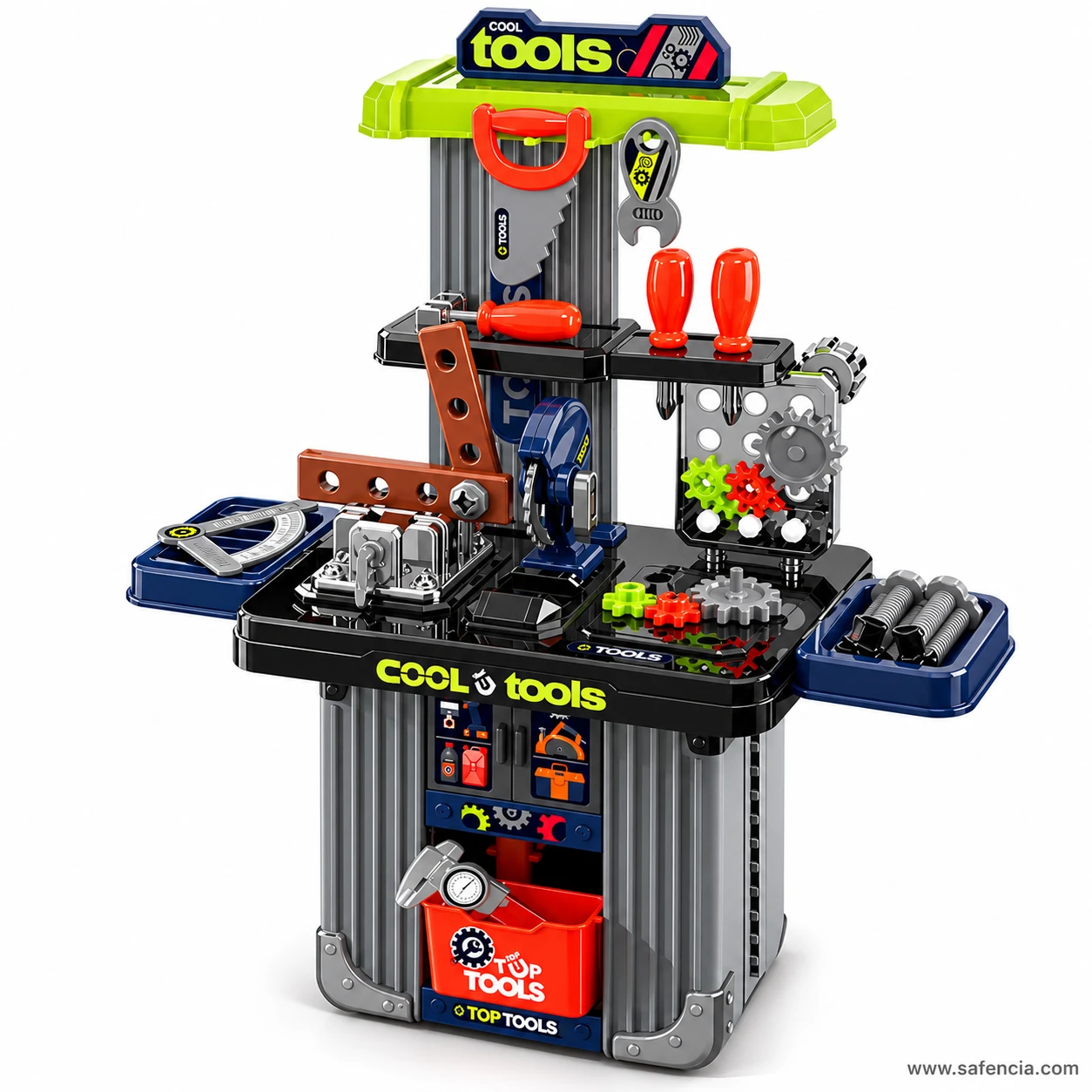 Cool Tools workbench with both blue side trays open, an angle ruler on the left and a row of bolts on the right