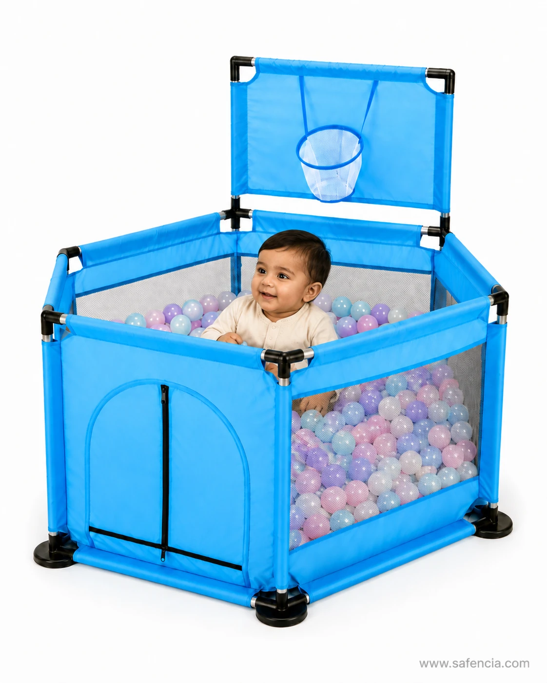 Baby sitting inside the blue hexagon playpen surrounded by pastel play balls below the hoop backboard