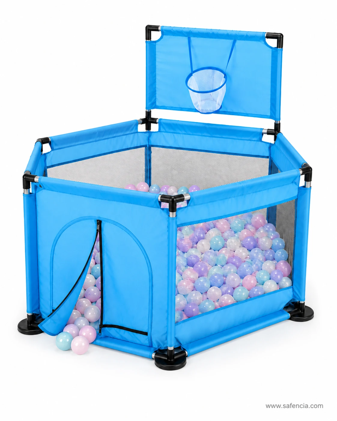 Hexagon baby playpen with the arched zip door peeled open and play balls spilling onto the floor