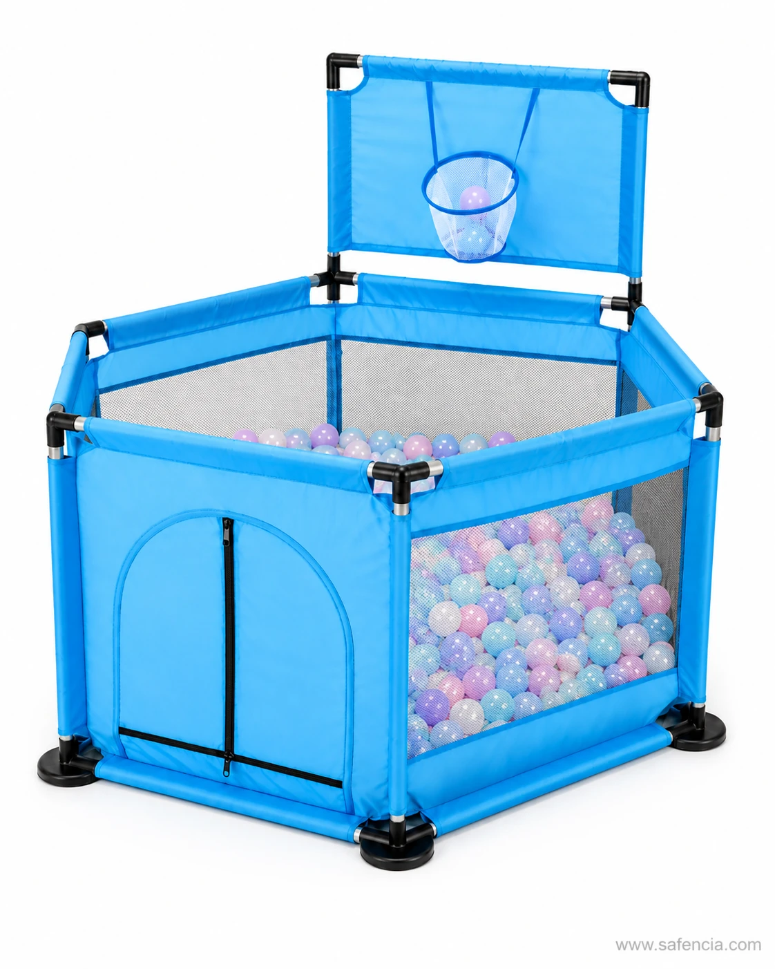 Side view of a blue hexagon baby playpen showing mesh panels, metal frame joints and black disc feet