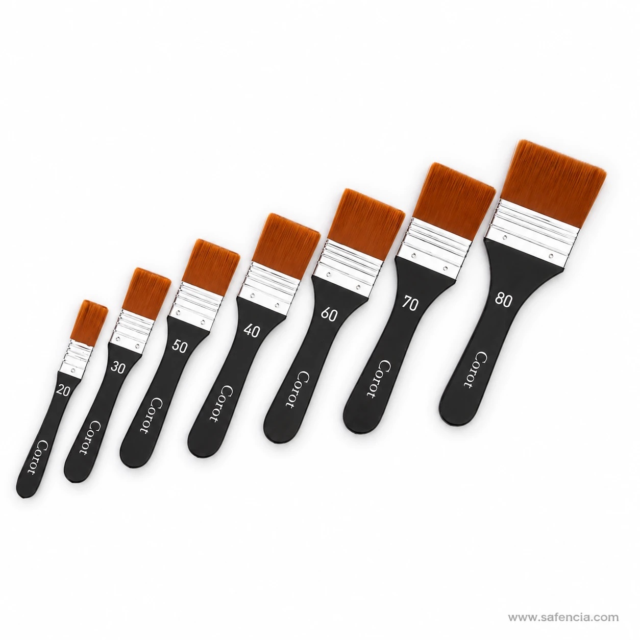 Corot flat paint brushes arranged in ascending width order as a size guide