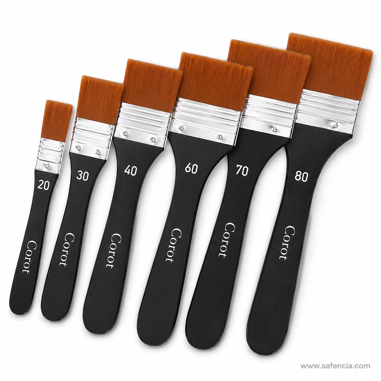 Close view of Corot flat brush riveted ferrules, black handles and printed sizes
