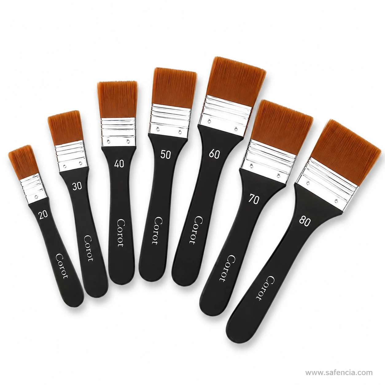 Corot flat paint brush widths compared side by side on a white background