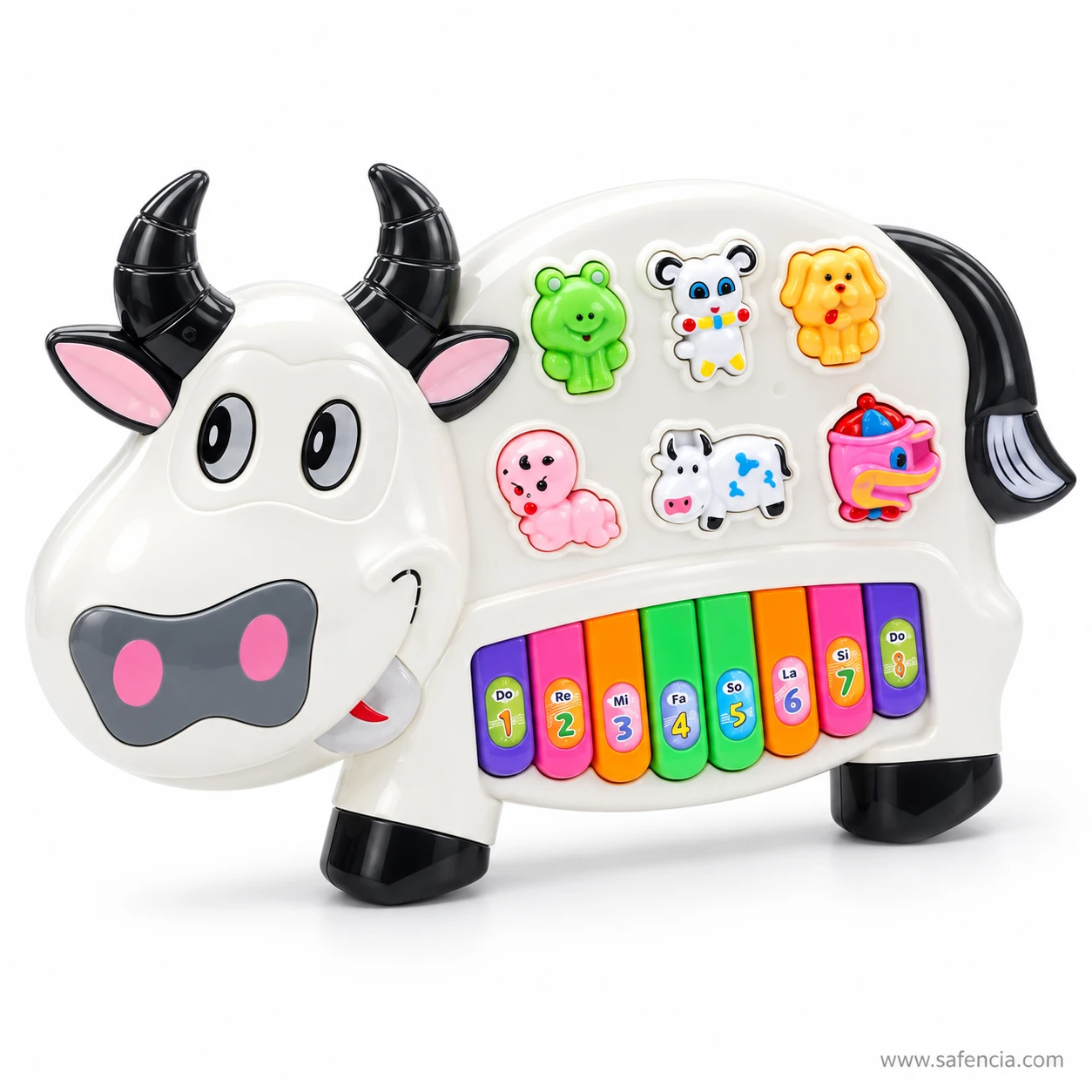 Cow piano keyboard toy showing numbered Do Re Mi keys and frog, dog and duck buttons