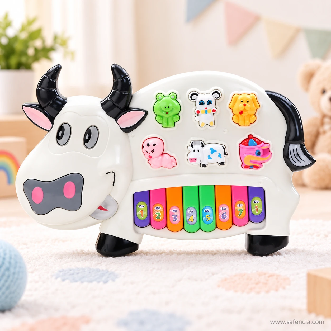 Cow piano keyboard toy standing on a nursery rug beside a teddy bear