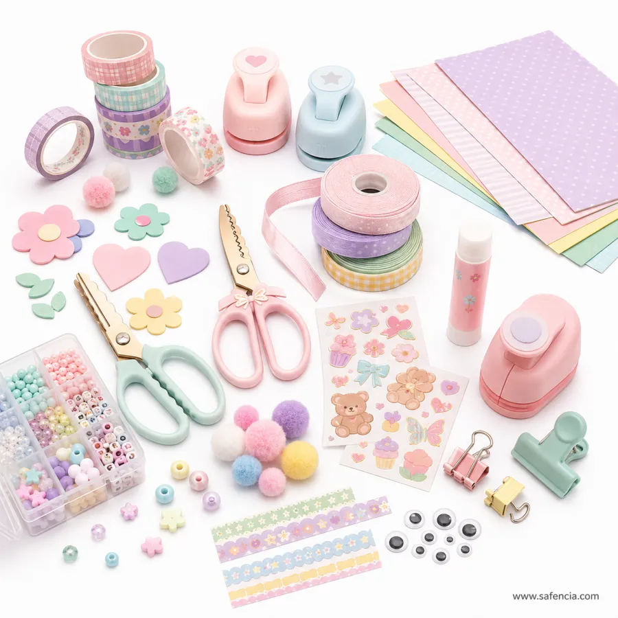 Safencia craft accessories range in Pakistan — a flat lay of washi tapes, shaped punches, a compartment box of beads, craft scissors, pom poms, sticker sheets, ribbon rolls, patterned paper, foam flowers and binder clips