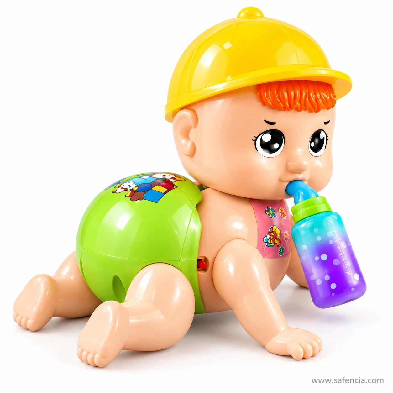 Rear three-quarter view of the crawling baby toy showing the red switch beside the green nappy