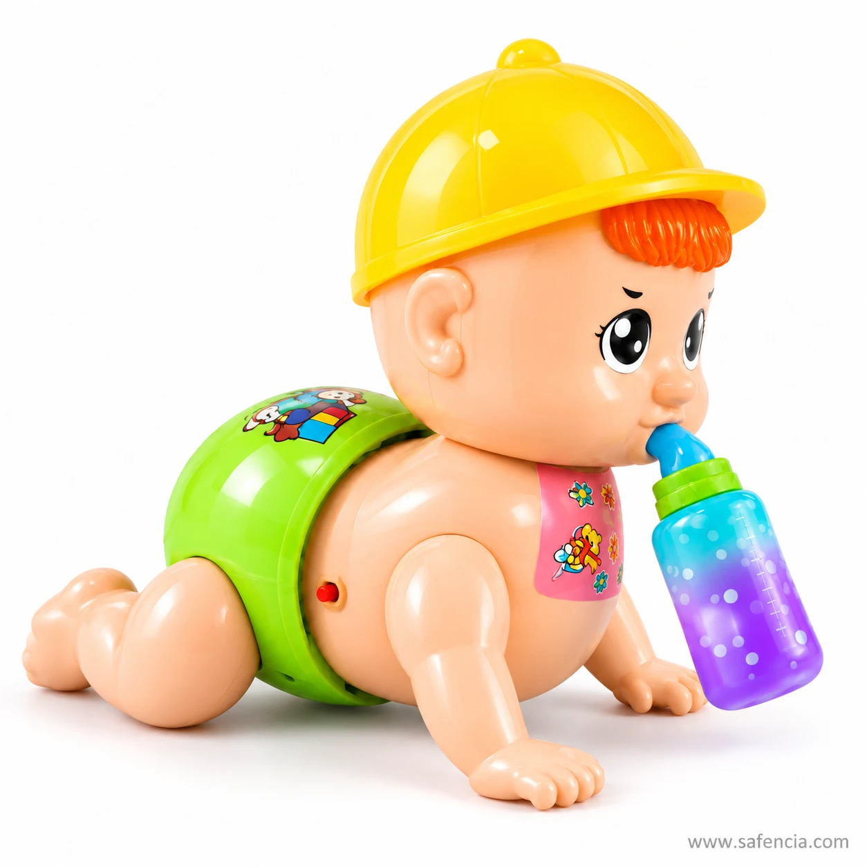 Side view of the crawling baby toy on hands and knees showing the green nappy and printed vest