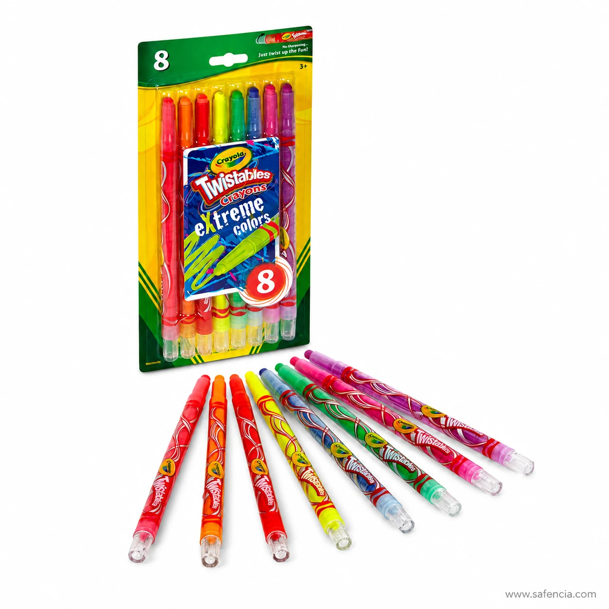 Eight Crayola Twistables crayons laid out beside their pack