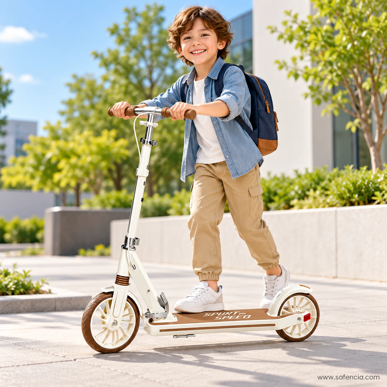 School-age boy with a backpack riding the cream foldable kick scooter outdoors