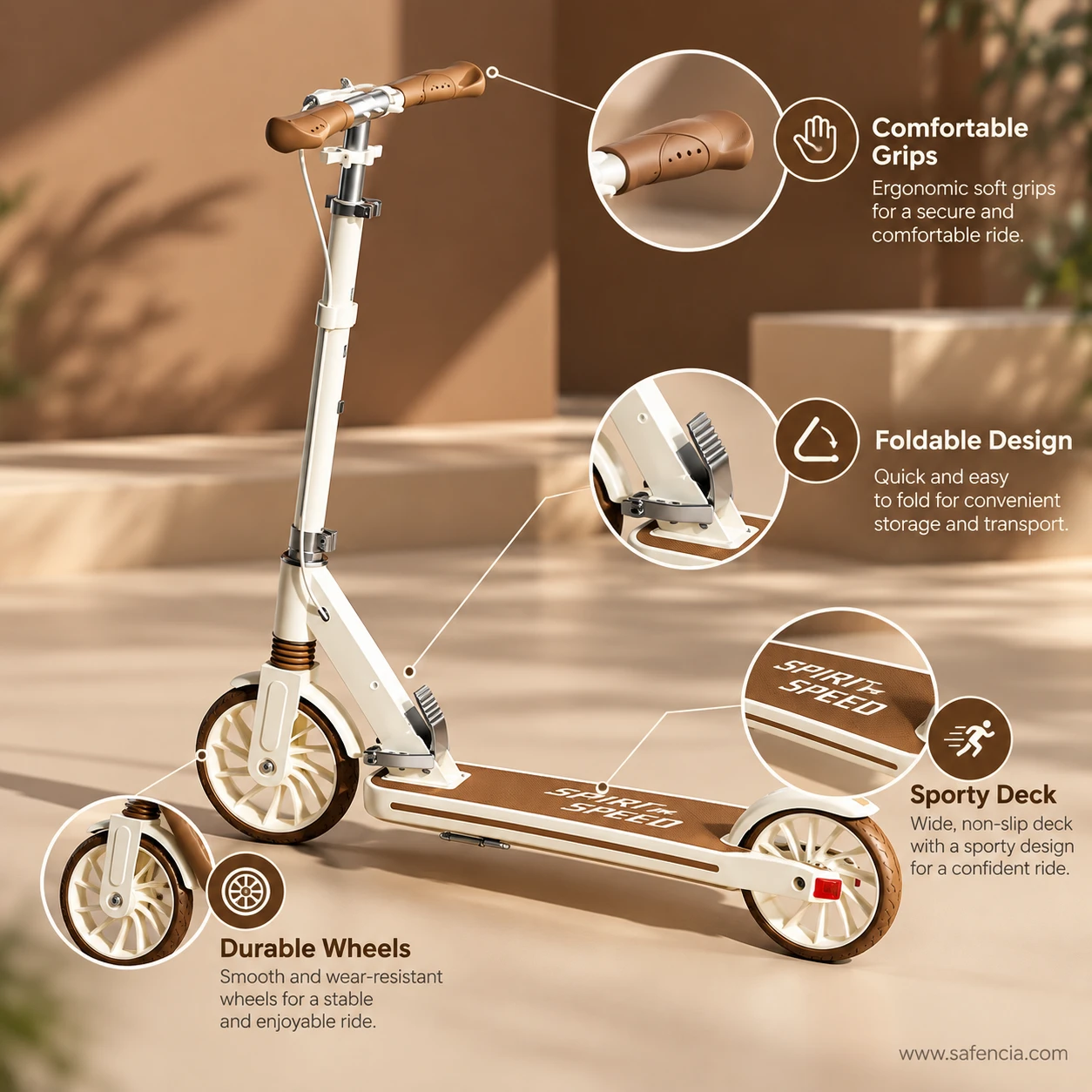 Feature panel of the cream kick scooter: comfortable grips, foldable design, durable wheels, sporty deck